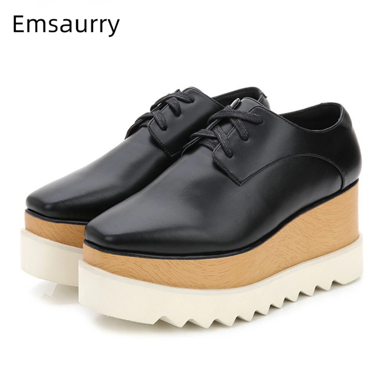 

Classic Little Square Toe High Increasing Shoes Woman Flat Platform Lace-Up Solid Spring Autumn Runway Zapatos De Mujer