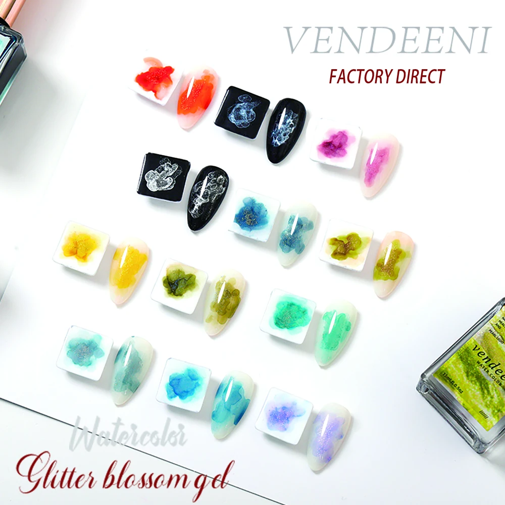 Vendeeni 12 Colors Gold Powder Blooming Gel Nail Polish Nail Paint Watercolor Ink Gel Lacquer Glitter Blossom Nail Gel Varnish