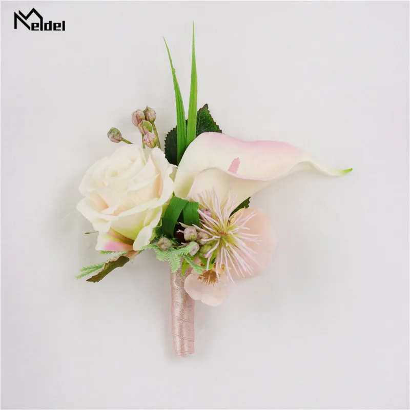 Meldel Zijde Rose Calla Bruiloft Corsages En Bruidegom Boutonnières Bruidsmeisjes Pols Armbanden Huwelijk Party Prom Mannen Pak Bloemen