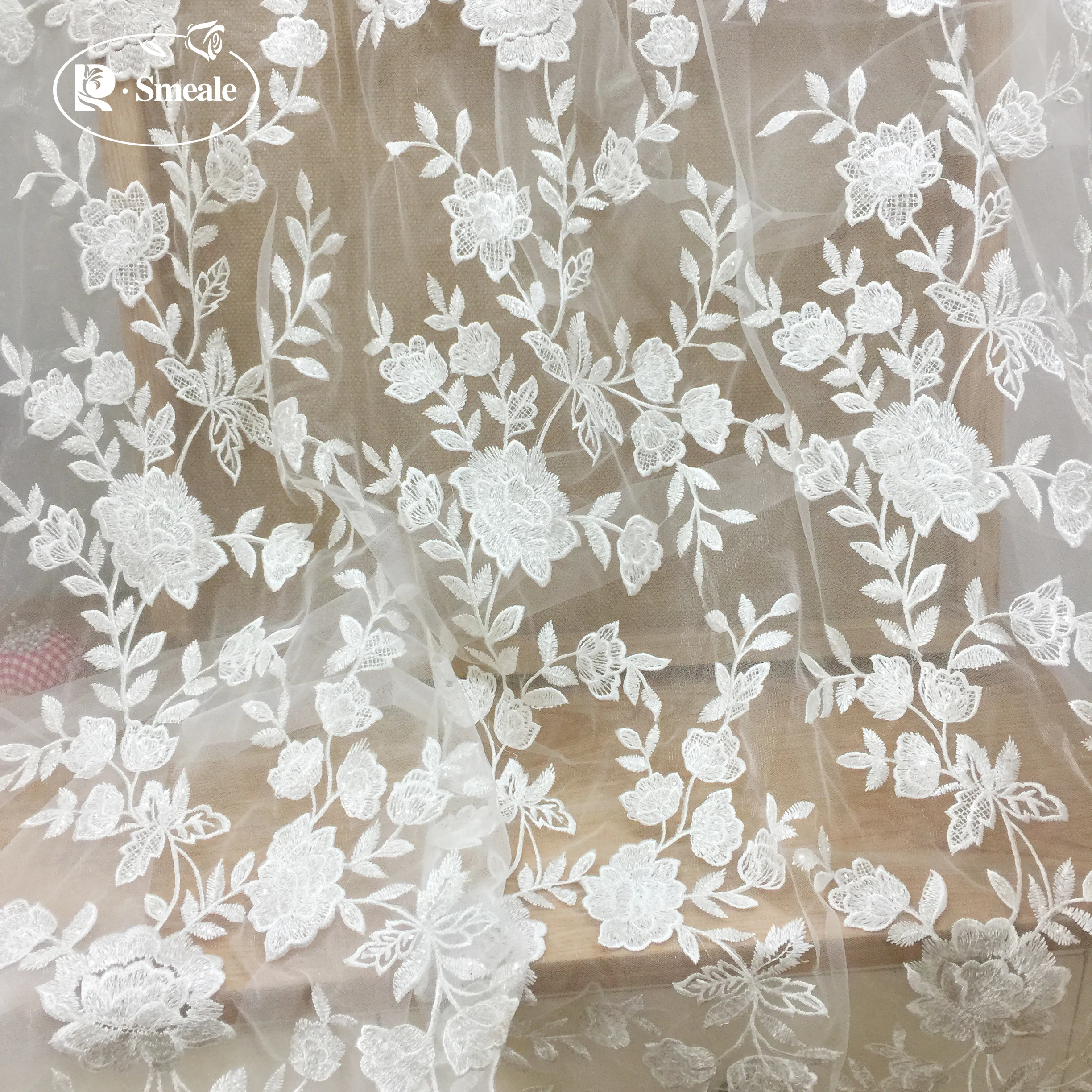 Handmade Sequined Mesh Embroidery Lace Fabric, DIY Wedding Dress, Flower Lace Accessories, RS3677