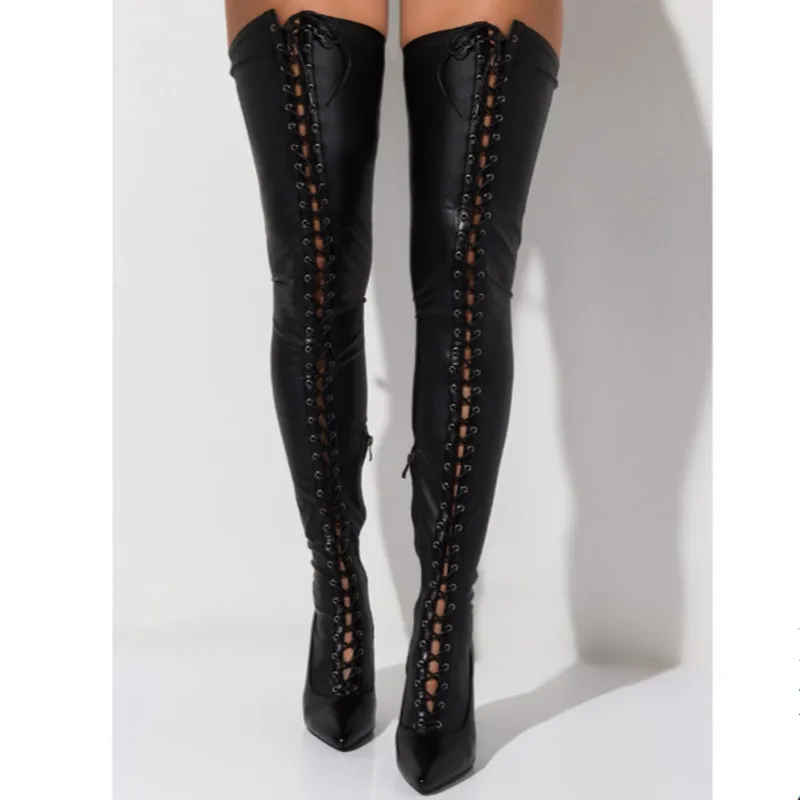 2020 Lace-Up Sexy Women Leather Thigh High Boots Autumn Winter Pointed Toe Stiletto Knight Boots Black Side Zip High Heels Shoes