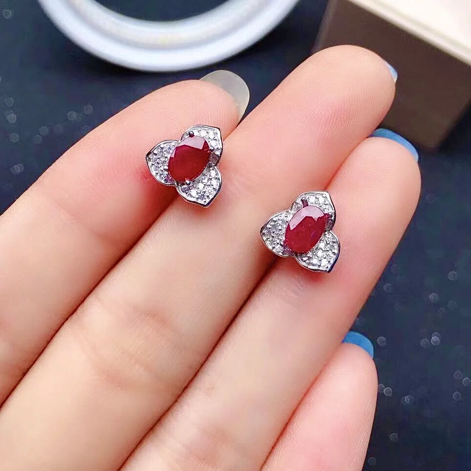 New Design Silver Ruby Stud Earrings for Daily Wear 4mm*6mm Translucent Ruby Earrings Solid 925 Silver Natural Ruby Jewelry