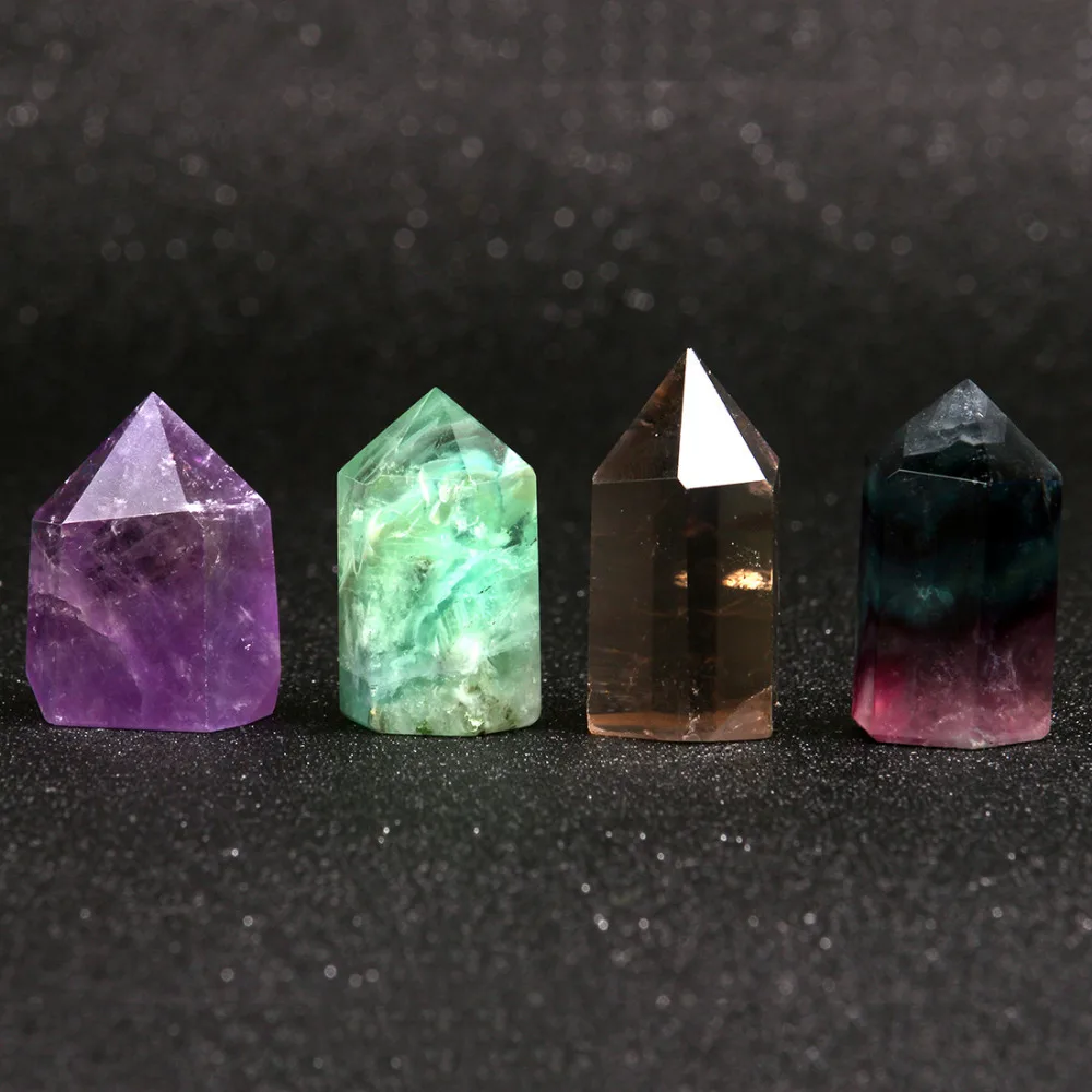 

1.5inches Assorted Natural Fluorite Sceptre Smoke quartz Points Wand Chakra Healing Crystal Reiki Stone Carved Crafts Free Pouch