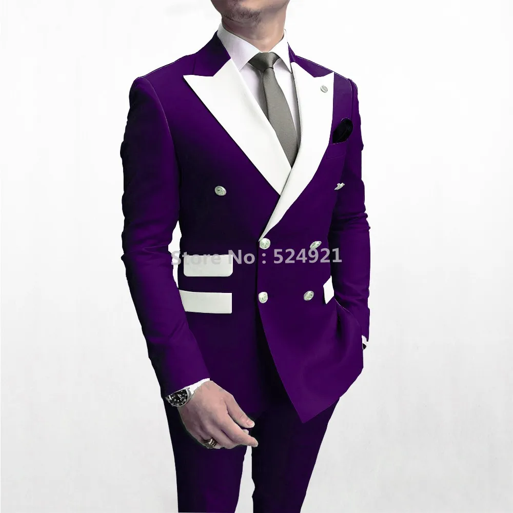 Double Breasted Men Suits Purple Groom Tuxedos Peak White Lapel Groomsmen Wedding Best Man 2 Pieces ( Jacket+Pants+Tie ) D41