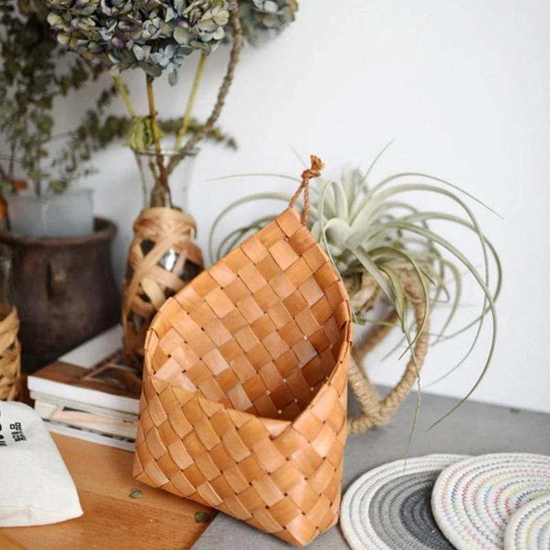 Hanging Natural Wicker Flower Pot Handmade Bamboo Storage Basket Home Garden Wall Decoration Storage Container Organizer