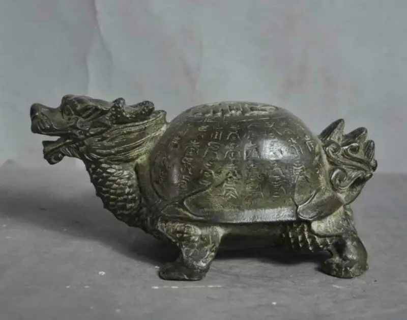 

6"old chinese fengshui bronze lucky longevity Dragon head turtle tortoise statue