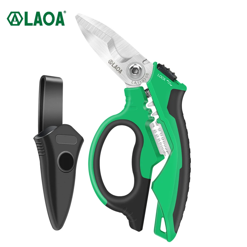 

LAOA 8" Heavy Duty Electrician Scissors with Labor-saving Springs Cutting Wire Cable Stripping Curved Shears Crimping Tools