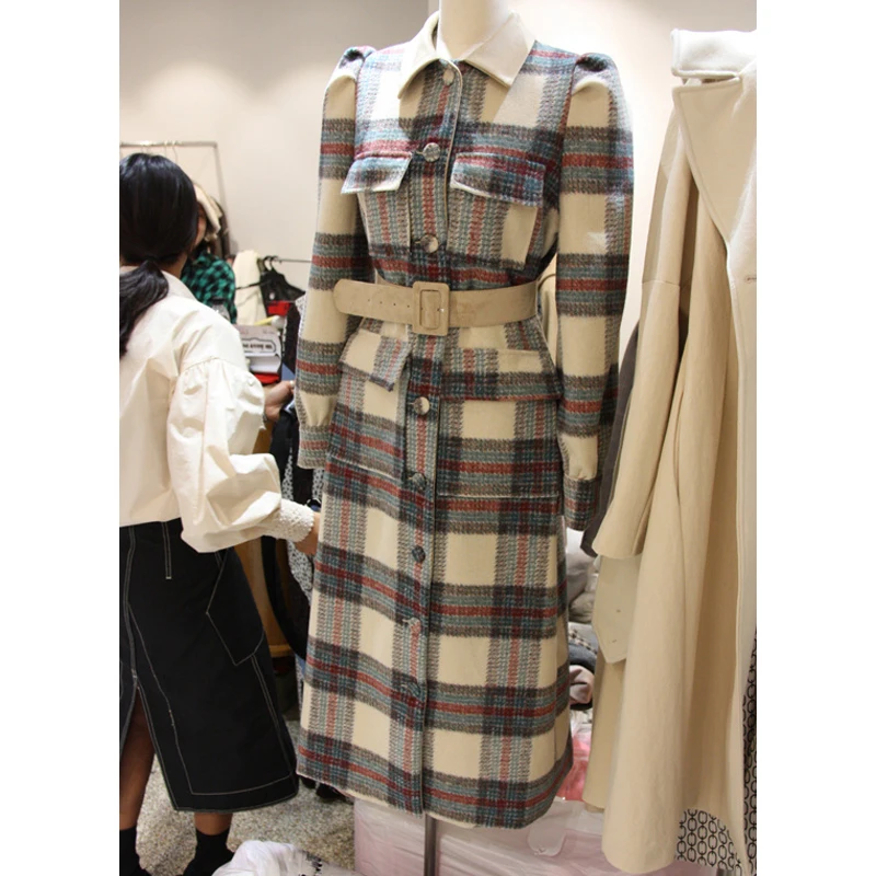 Novel Spring Turn Down Collar Women Woolen Coat Plaid Print Elegant Wool Jacket Women Autumn Long Coat Casaco Feminino