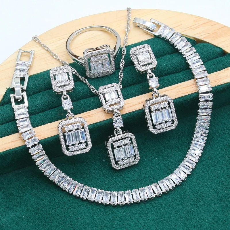 New Arrivals 925 Silver Jewelry Sets for Women Wedding White Zircon Bracelet Earrings Necklace Pendant Ring  Gift