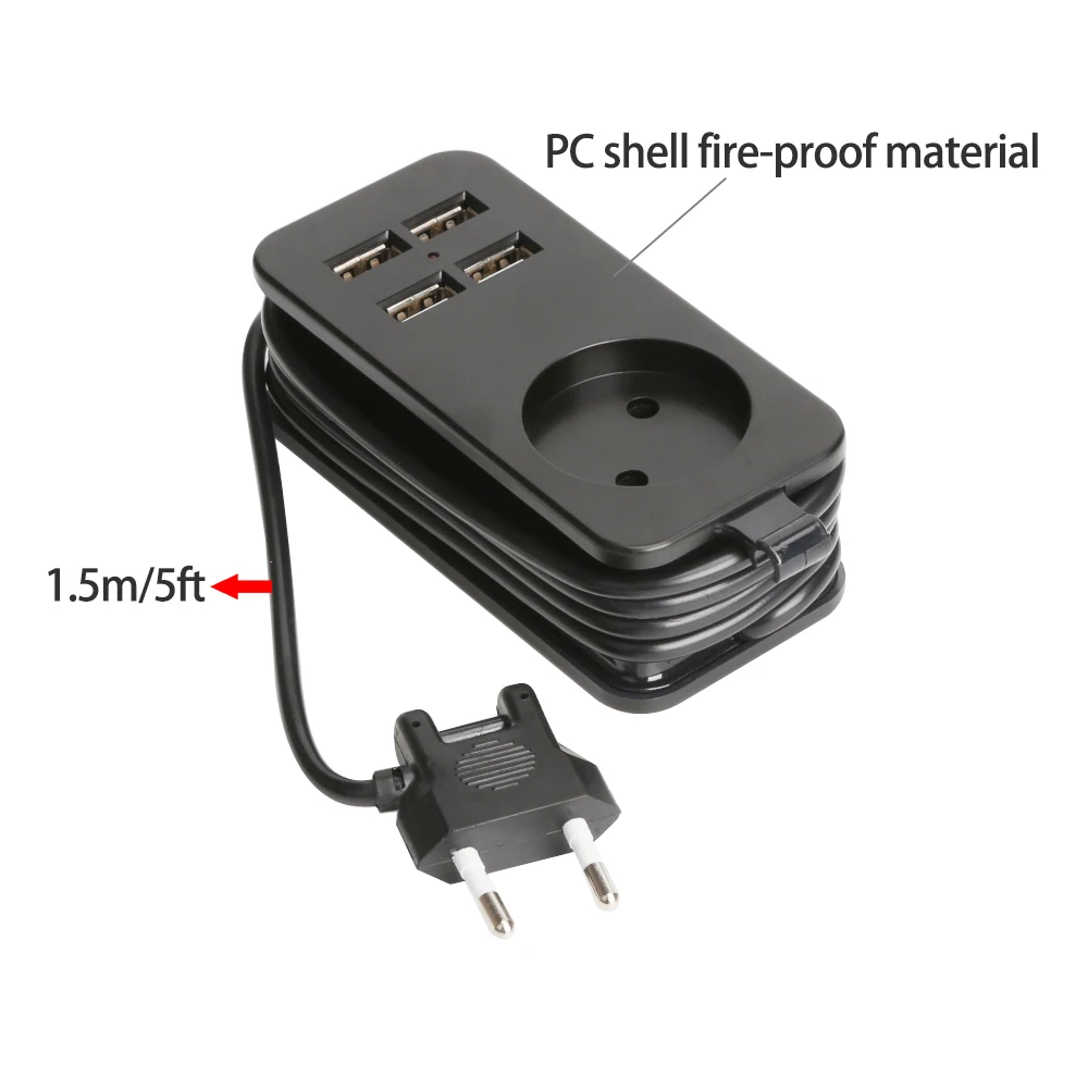 Travel Extension Socket Outlet  Power Strip Portable EU Plug Surge Protector with 4 USB