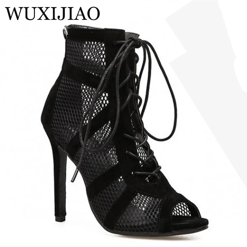 WUXIJIAO Ladies black mesh suede fashion cross strap sexy high heel sandals comfortable latin dance shoes salsa shoes