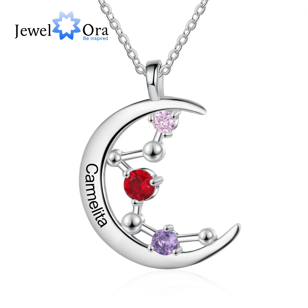 

JewelOra Personalized Necklace Constellation Moon Pendant for Women Customized 3 Birthstones Silver Color Jewelry Christmas Gift