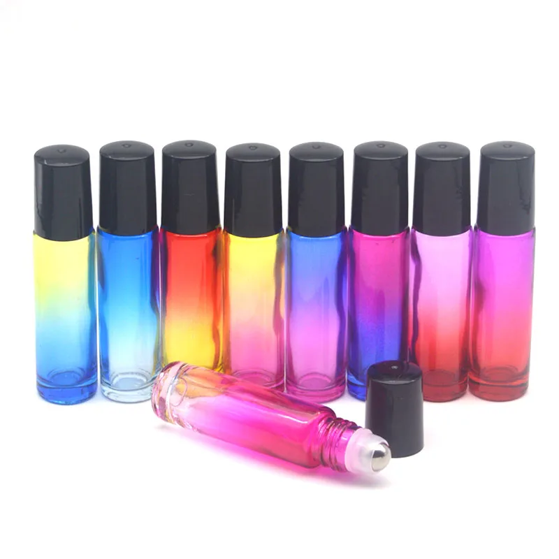 

9pcs 10ML Thick Gradient Color Glass Roll-on Essential Oil Parfum Bottles Empty Roller Ball Vial Travel Use Necessaries