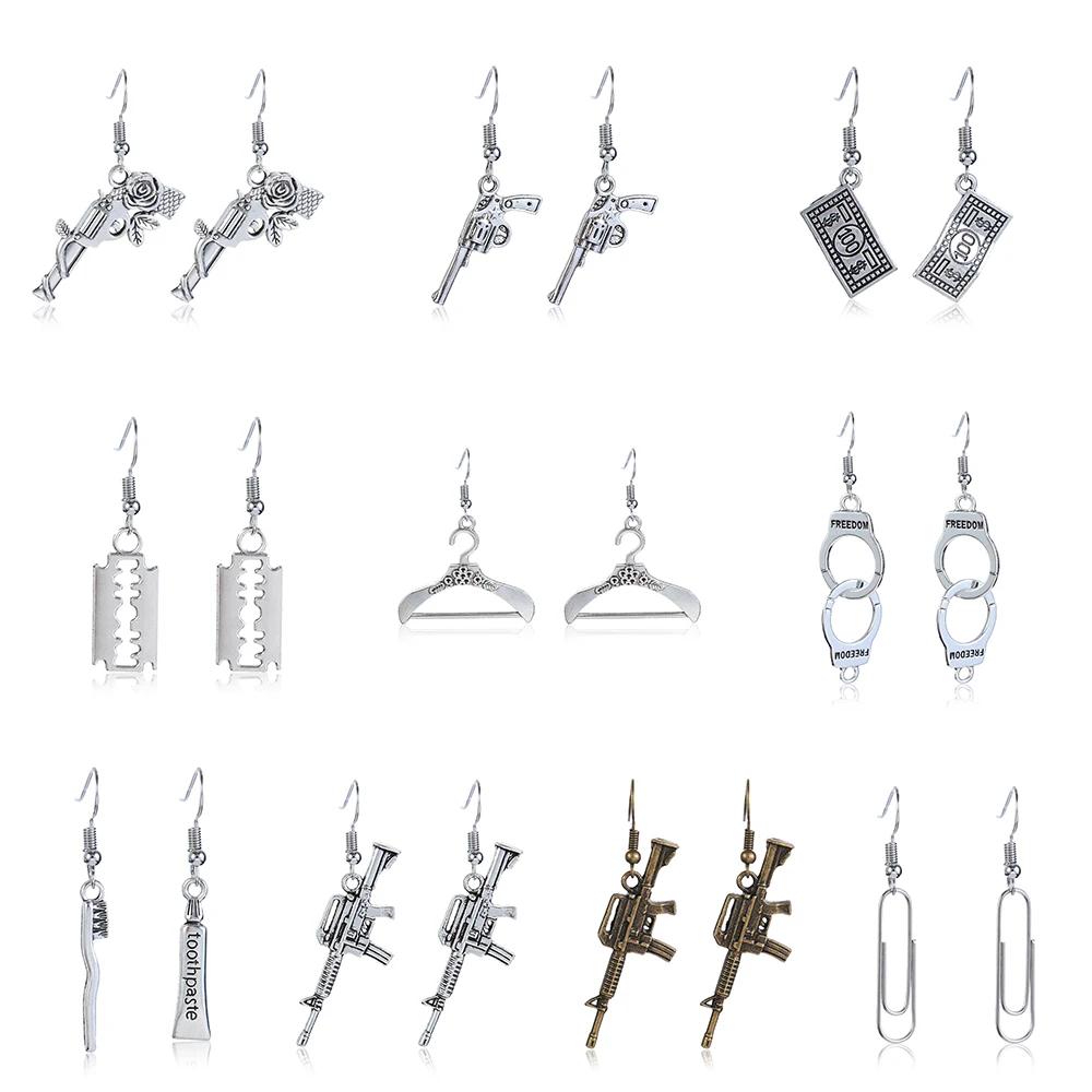 1Pair Punk Handcuffs Blade Gun Drop Earrings Women Simple Fashion Cool Pistols Ear Stud Jewelry Accessories Creativity Earrings