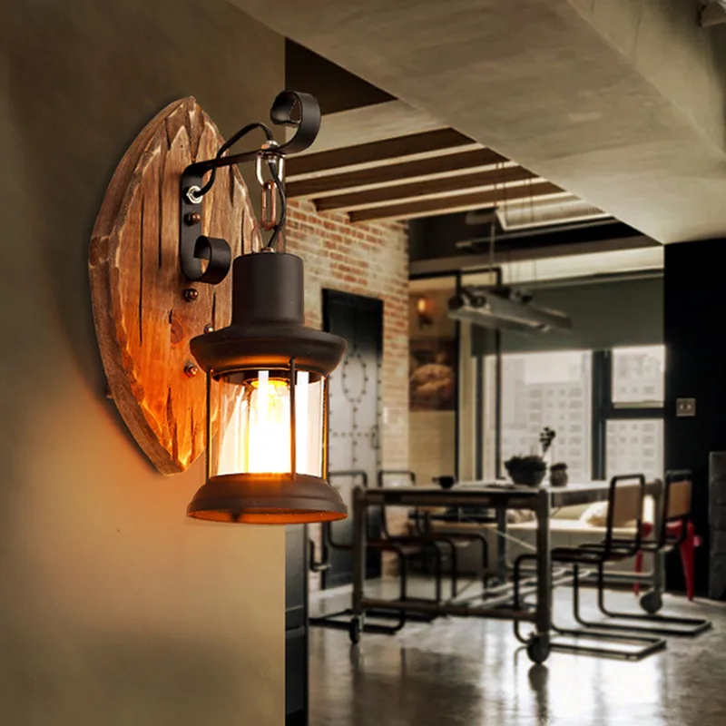 

Wooden Wall lamp For Studio Coffee Bar Restaurant industrial wall sconces Indoor outdoor vintage lantern lamp retro wall light