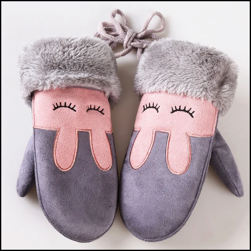 Fashion Lovely Children\'s Winter Thick Cashmere Warm Cartoon Rabbit Bear Suede Leather Gloves Boy/Girl Faux Sheepskin Glove 100A