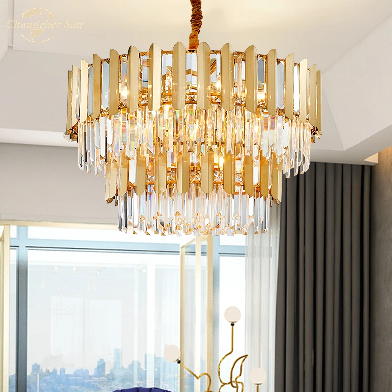 Luxury LED Chandeliers Lighting Crystal Postmodern Round Rectangle Prism Gold Indoor Lamp for Living Room Bedroom Dining Room