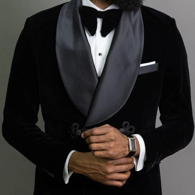 Double Breasted Groom Tuxedo for Wedding Black Velvet Men Suits 2 Piece Tailor Made African Male Fashion Blazer with Pants