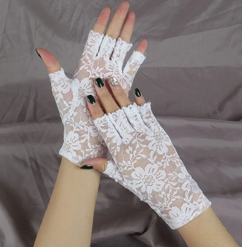 Fashion Sexy Summer Female Half Finger Sunscreen Short Lace Gloves Women Driving Flower Pattern Fingerless Sun Gloves