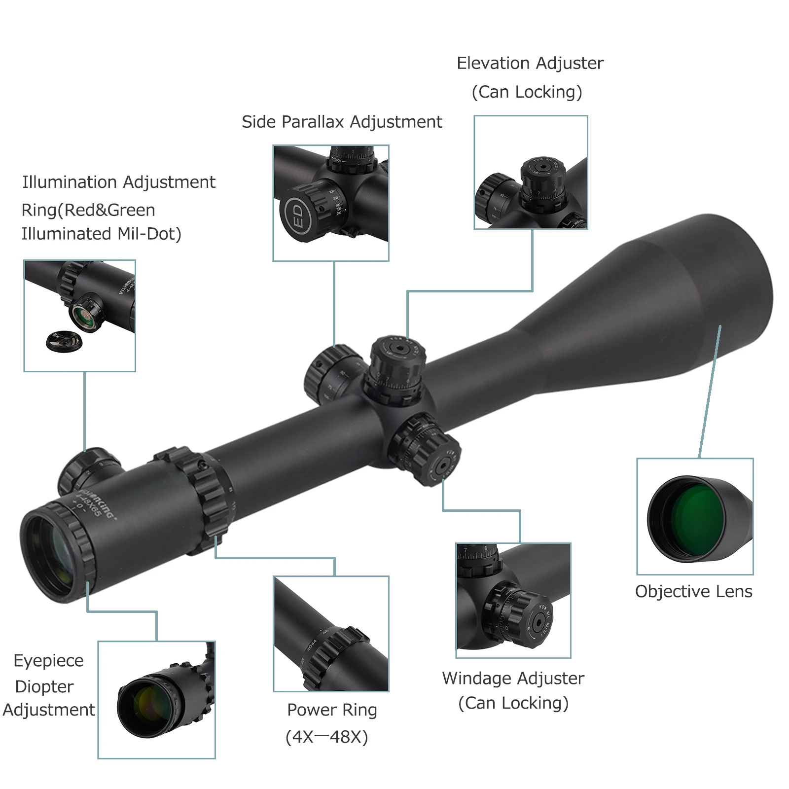 Visionking Large View 4-48x65 ED Riflescope 12x Ratio IR Illuminated Long Range 35mm Tube Side Focus Hunting Optical Sight .50