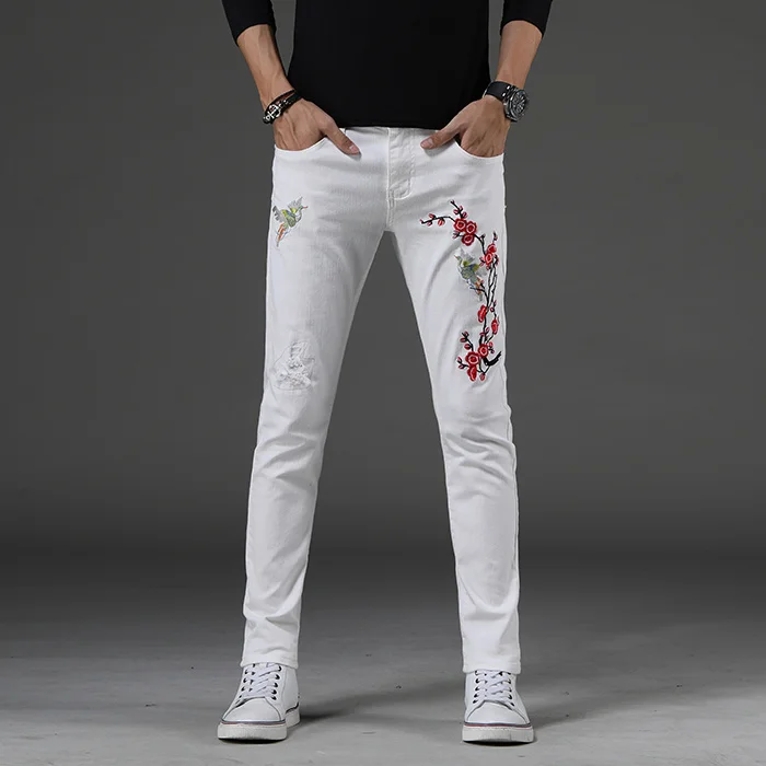 And Flowers Birds Embroidered Mens Jeans Male Casual High Stretch Floral Patch Ripped Distresed Denim Pants Fashion Biker Jeans