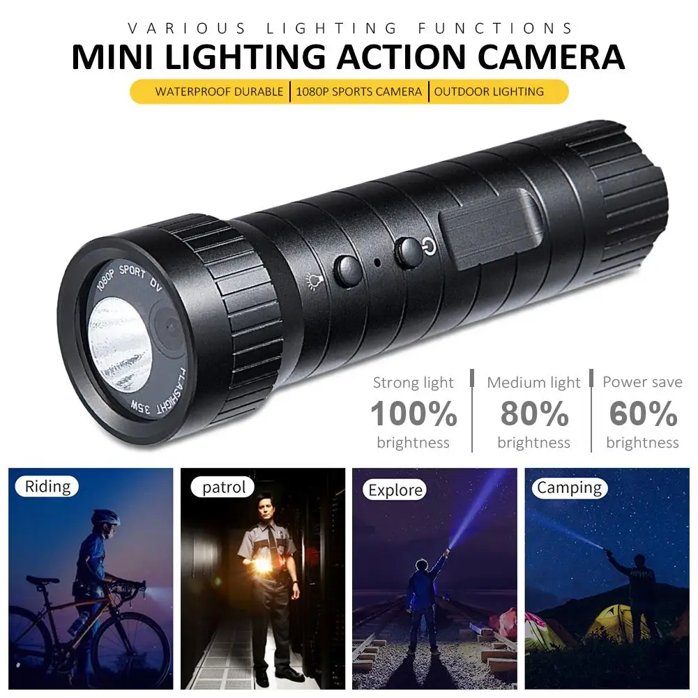 Super Mini Portable Lighting Action Cam Waterproof Durable 1080P Helmet Sports Camera Flashlight Loop Recording Webcam