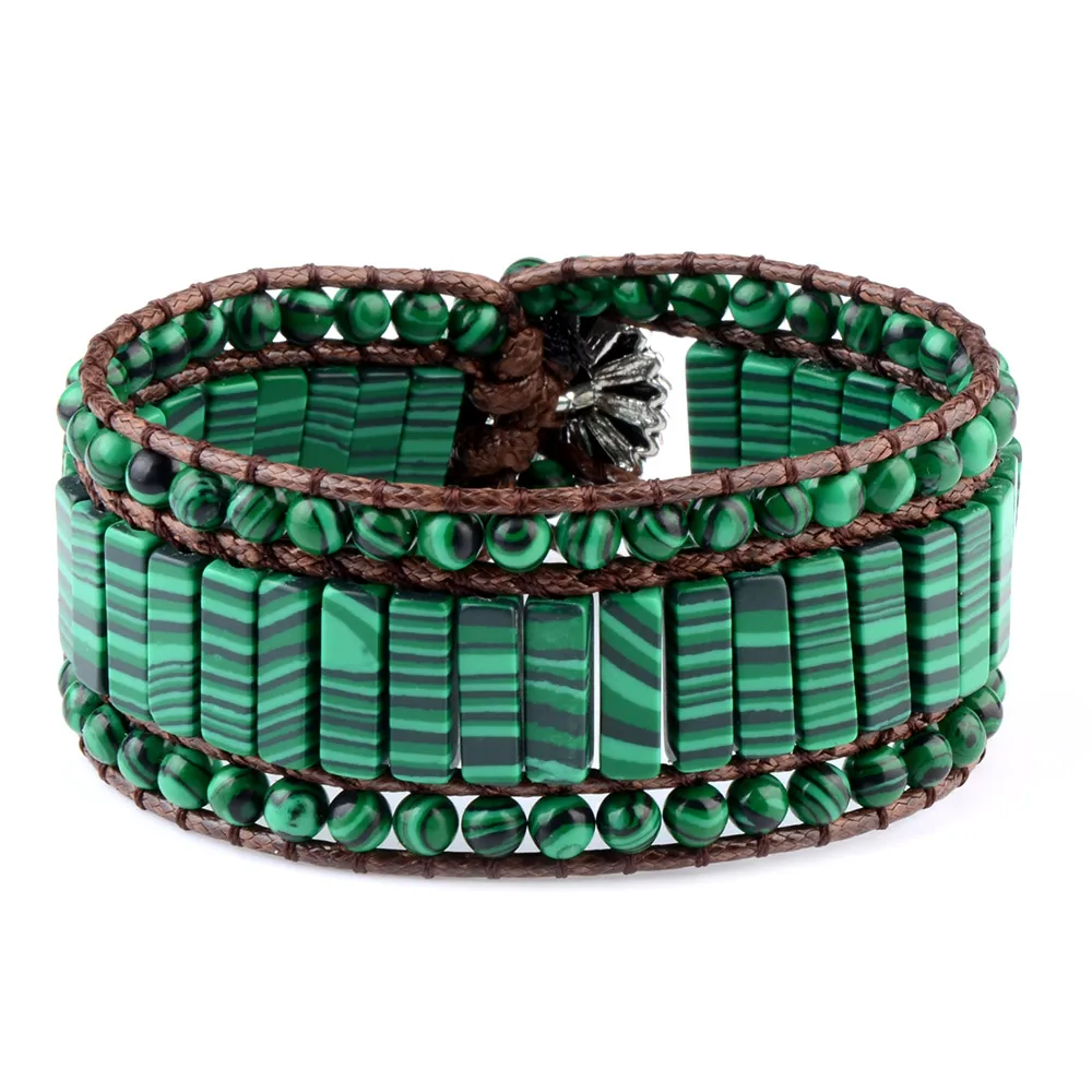 Chanfar hot sale style Malachite Stones Double Leather Wrap Bracelet Beaded Stainless steel flower buckle for men and women