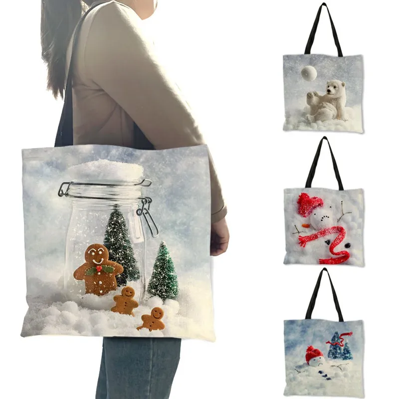 Merry Christmas Series Women's Handbag Snowman Reindeer Polar Bear In Snow Printed Shoulder Bag Eco Large Shopping Totes B13118