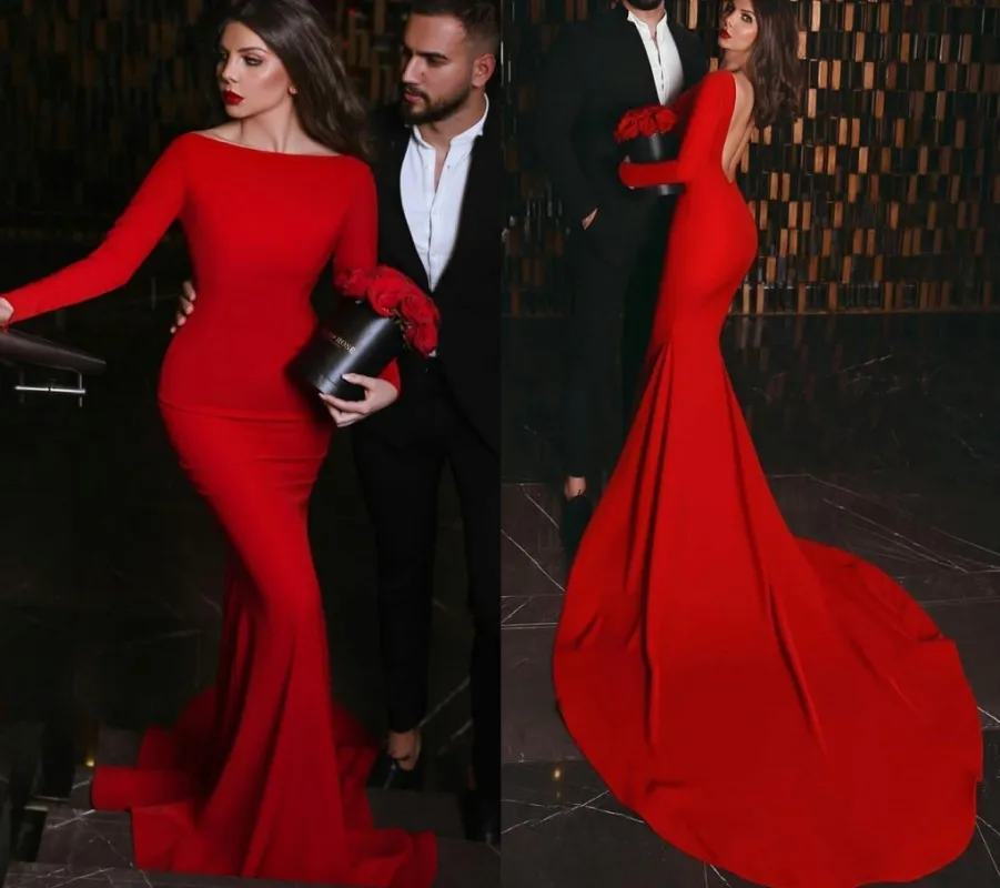 

Sexy Red Backless Prom Party Dresses 2022 Boat Neck Mermaid Evening Formal Gowns Long Sleeve Robes De Soirée Vestidos De Novia