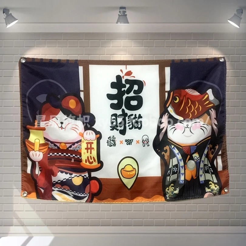 

Japanese Ukiyo-e Lucky Cat Tapestry Poster Banners Paintings Clubhouse Studio Wall Decoration Four Holes Hanging Flags Cloth Art