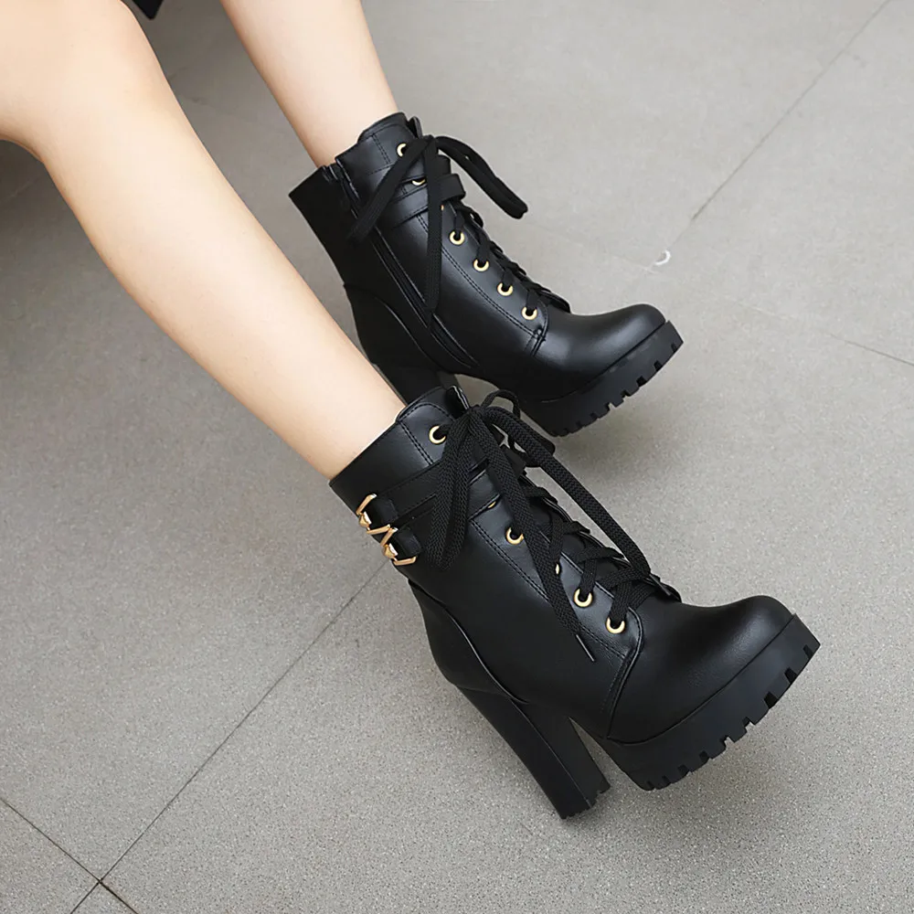 Brand Designers Autumn Winter New Women Shoes Black Heels Boots Lacing Platform Ankle Boots Chunky Heels Lace-up Botas White