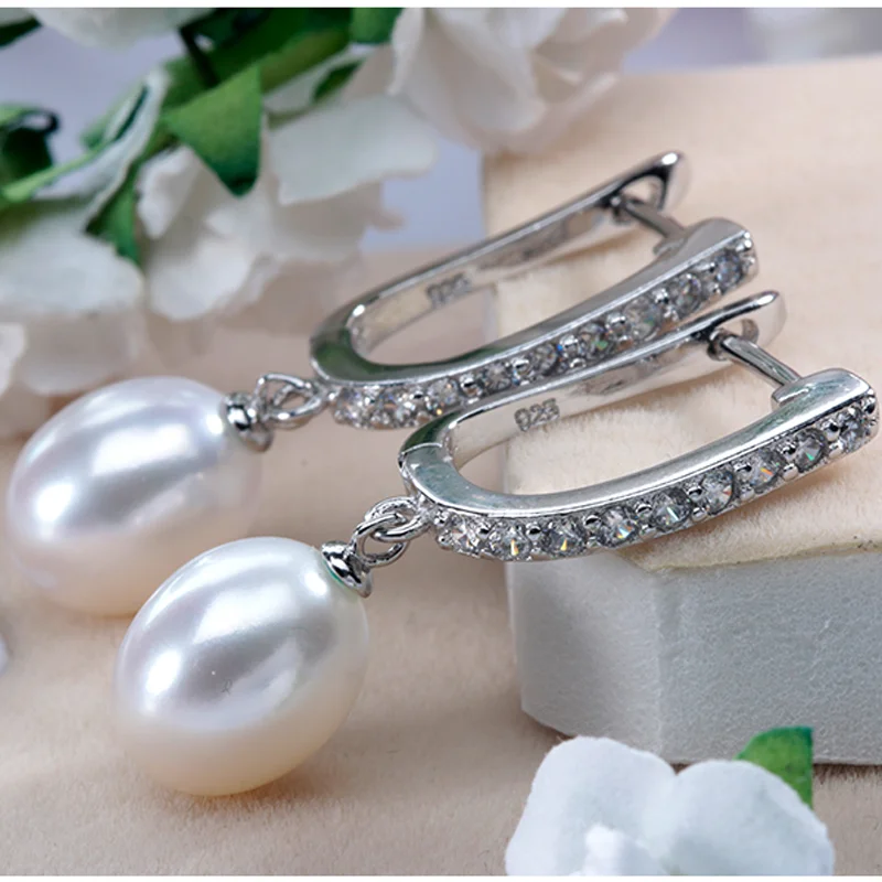 2024 Women Freshwater Pearl Earrings Zircon Fashion 925 Sterling Silver Drop Earring White Real Pearl Wedding Jewelry With Box