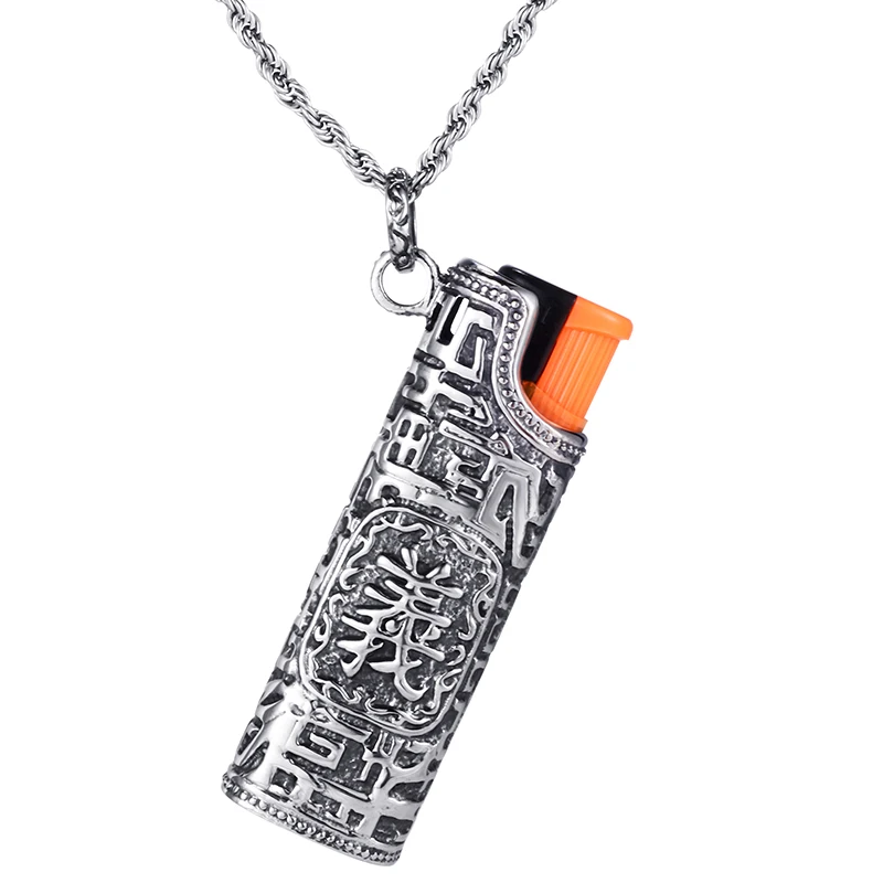 Kalen Stainless Steel Cigarette Lighter Shaped Pendant Necklace Men Lighter Starage With Chinese Letter 