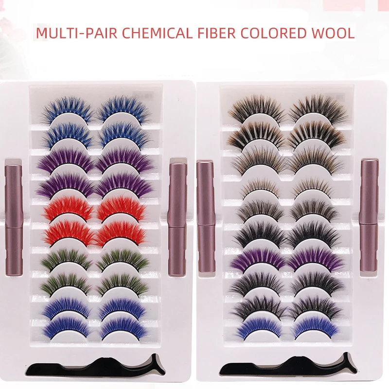 Xinmielin 10 Pairs Colored 6D faux Mink Eyelashes set Red Pink Blue Mix Colors in Bulk lashes glue tweezers No magnetism kit