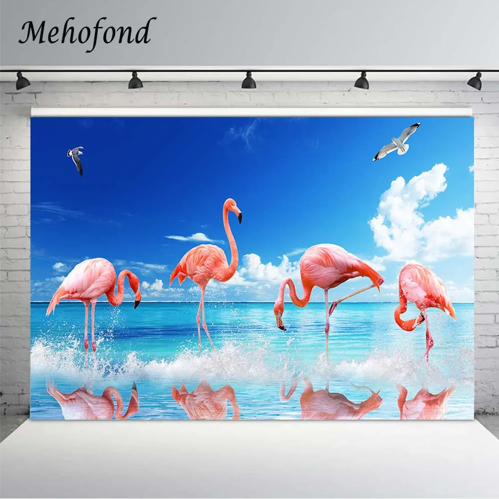 

Pink Flamingo Birthday Backdrop Summer Tropical Hawaiian Sea Beach Blue Sky Photography Background Baby Shower Decor Photo Booth