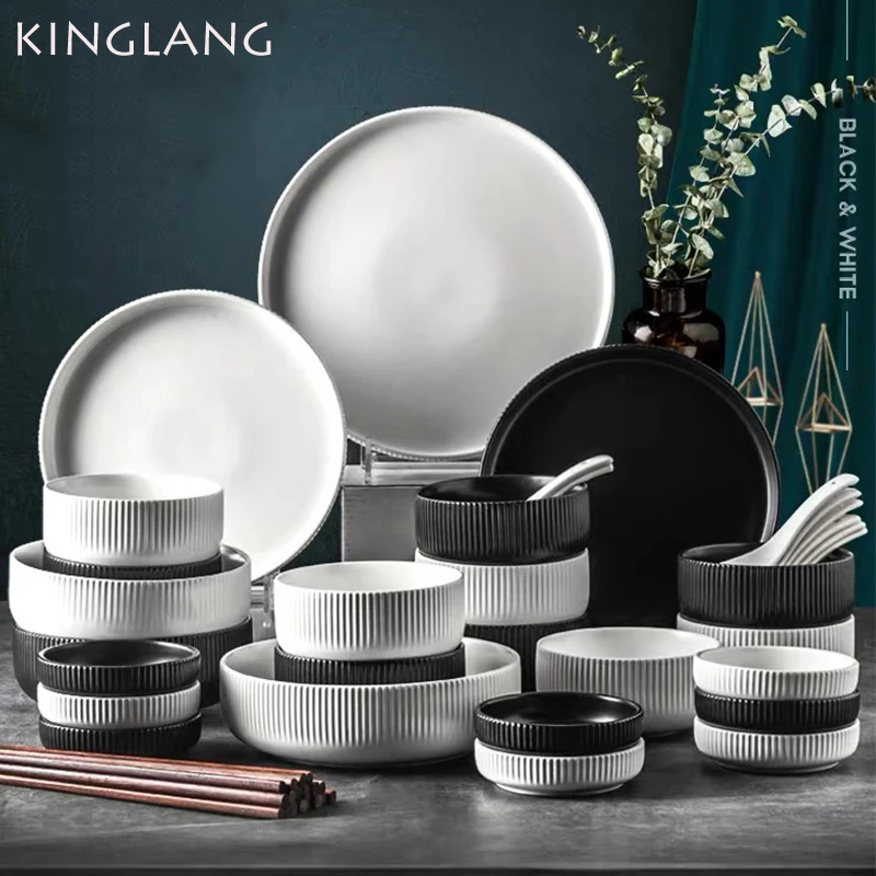 KINGLANG Nordic Design Dinner Set Black and White Color Ceramic Tableware set 4/6 Person Plate Sets