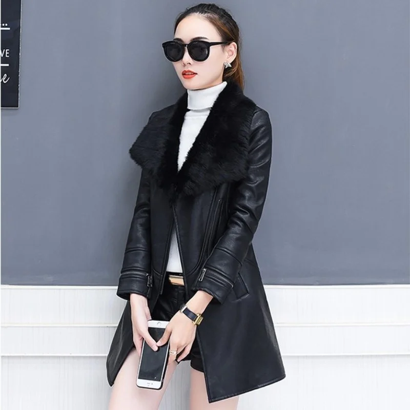 Thicken Winter Warm Pu Leather Jacket Women OL Style Slim Faux Fur Collar Coat Fashion Black Leather Female Outerwear S-3XL