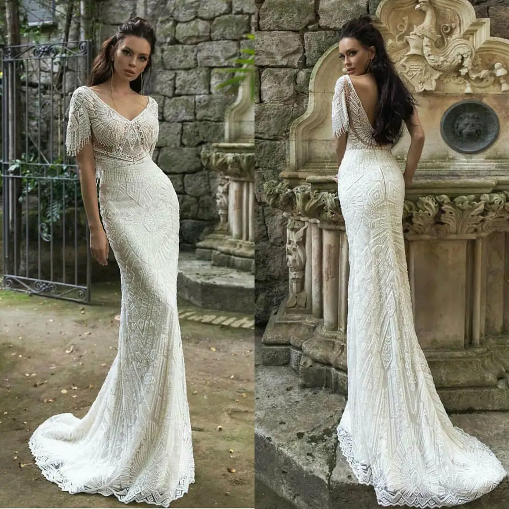 

New Wedding Dresses V Neck Capped Sleeve Mermaid Bridal Gowns Custom Made Backless Lace Beading Sweep Train Robe De Mariee