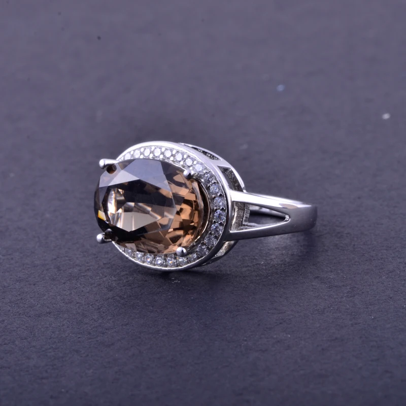 CSJ Smoky Quartz Rings Sterling 925 Silver Natural Gemstone Oval Cut 10*14mm Women Lady Wedding Engagment Party Gift Box