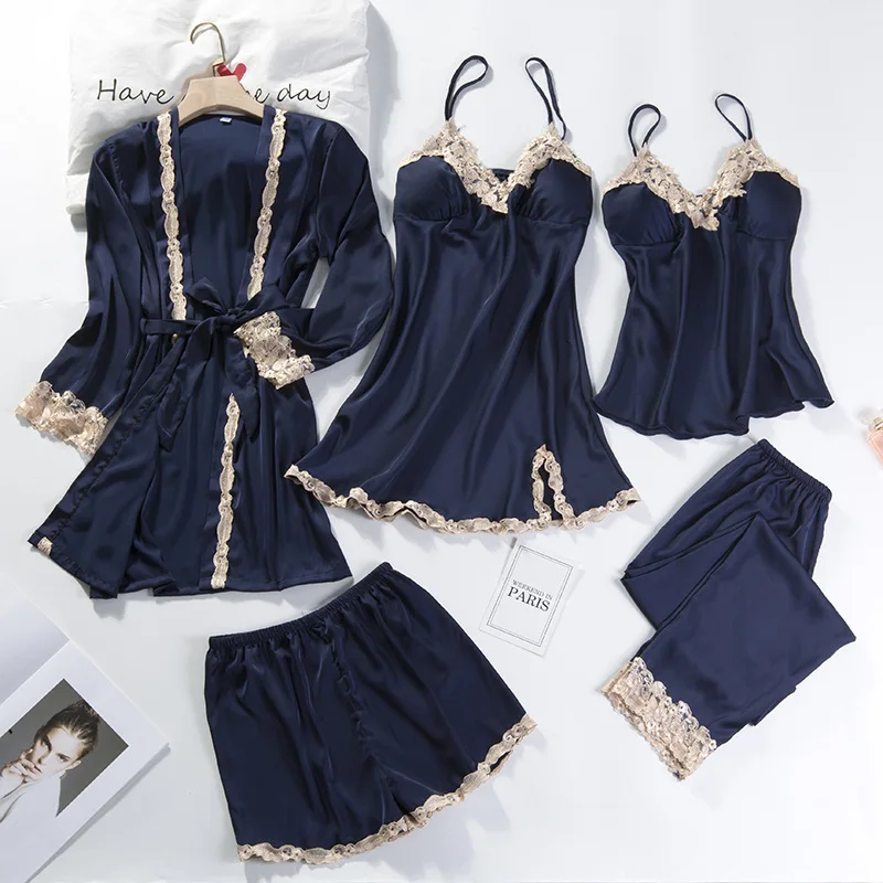 5 Pieces Pajamas Set Women Kimono Gown Satin Silk Sleepwear Casual Nightwear Intimate Lingerie With Lace Sexy Bathrobe Pyjamas