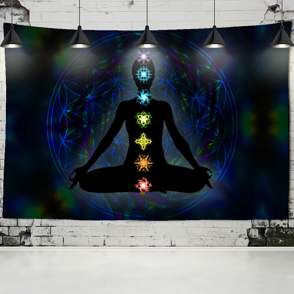 Indian Buddha Statue Meditation 7 Chakra Tapestry Wall Hanging Mandala Tapestries Wall Cloth Psychedelic Yoga Carpet Boho Decor