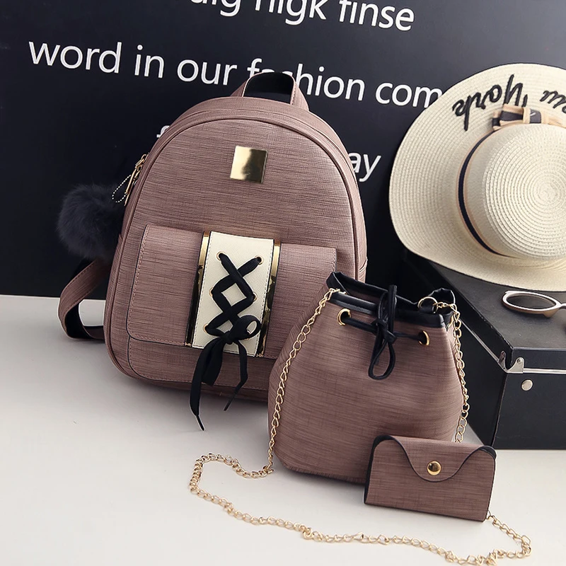 3Pcs/Set Women Backpack Set pu leather female casual backpack +bucket bag+purse backpack bags for teenagers girls crossbody 50