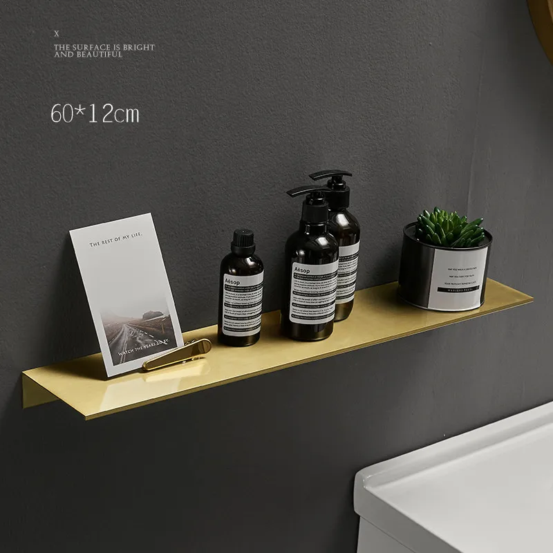 Brushed Gold Metal Bathroom Shelf Wall Storage Rack Washstand Drilling Large Wall Shelf for Storage 30/40/50/60cm Length Holder