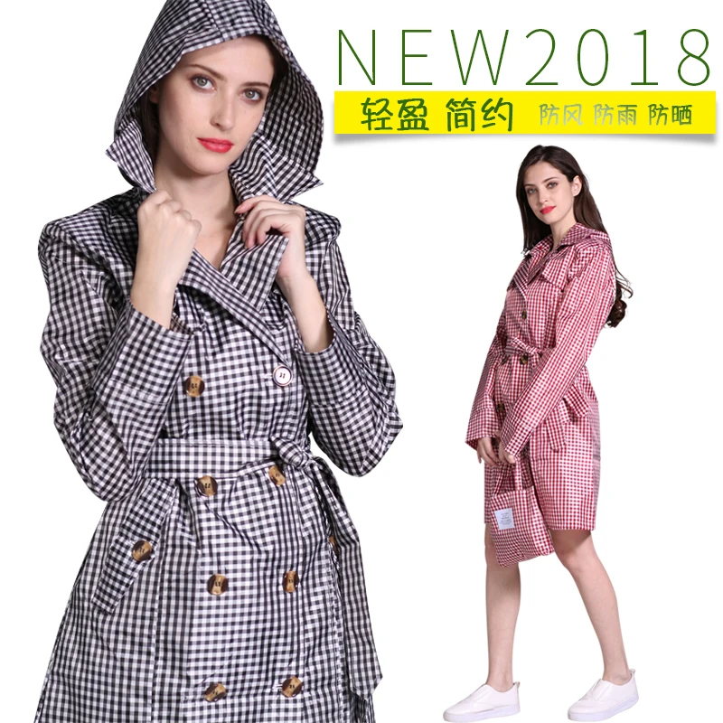 Fashion Retro Plaid Double Breasted Big Belt Adult Women Raincoat Poncho Fashion Travel Outdoor Windbreaker Jacket