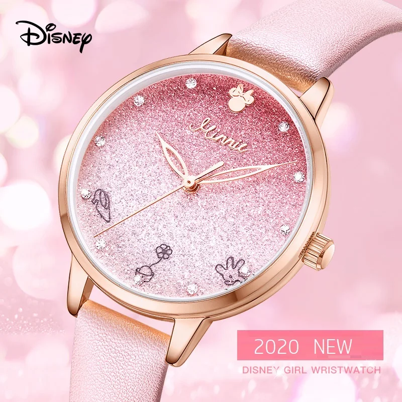 Disney Official Women Casual Quartz Wristwatches Minnie Mouse Cartoon Wishing Bottle Rhinstone Fashion Gradient Girls Gift Clock