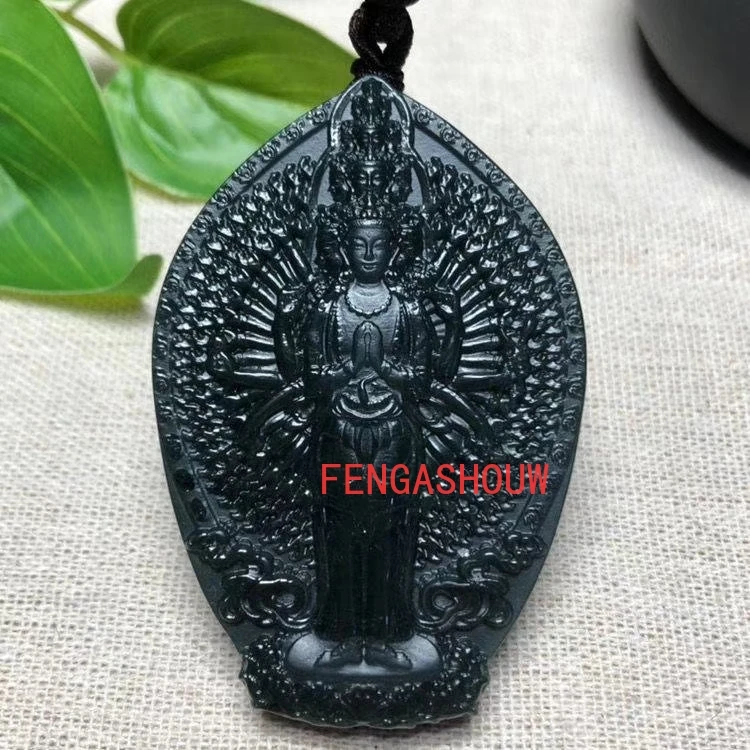 

Natural Hetian Jade Cyan Double-sided Engraving Thousand-Hand Guanyin Pendant Charm Jewellery Necklace for Men Fashion Accessies