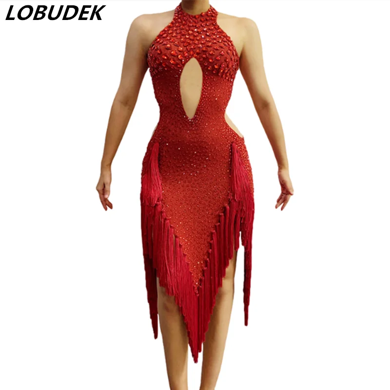 Red Rhinestones Tassel Latin Dress Women Competition Stage Performance Fringe Crystal Outfit DJ Nightclub Pole Dance Costume