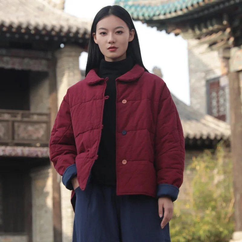 LZJN-Quilted Lightweight Jacket for Women, Chinese Tang Suit Style, Cotton Linen Short Coats with Turn-Down Collar