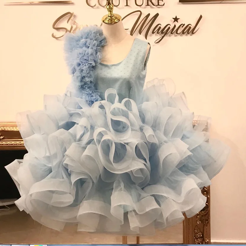 Light Sky Blue ชุดเดรสดอกไม้ Ruffles Tulle ดอกไม้ Gilrs ประกวดชุดเด็กเล็ก First Communion ชุด