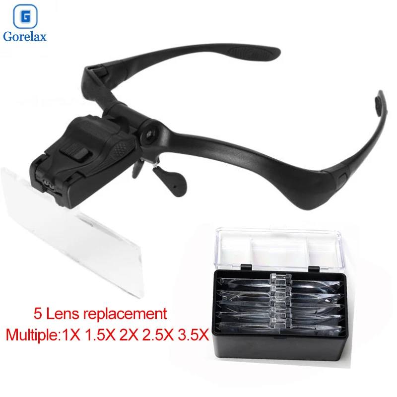 Headband Magnifier,1X 1.5X 2X 2.5X 3.5X Magnifying Glasses with Led Lamp 5 Lens, Loupe illuminated Magnifier Eyewear Third Hand